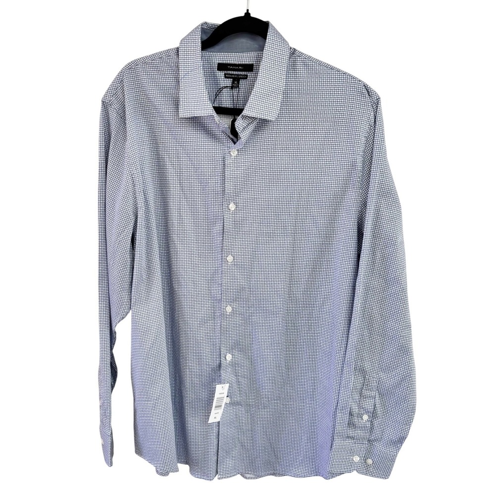 Tahari XL Regular Fit Stretch Blue White Geometric Micro Print Dress Shirt NWT